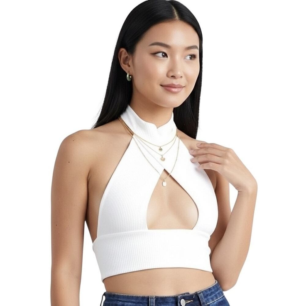 NWT Womens Ribbed Cutout Halter Crop Top White Sexy Minimalist Going Out Size L